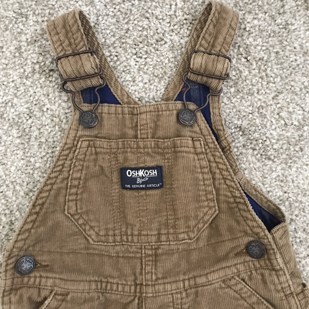 Oshkosh B'gosh Corduroy Vestbak Bib Overalls Flannel Lined Baby 9M Tan Snap Legs - Picture 3 of 10
